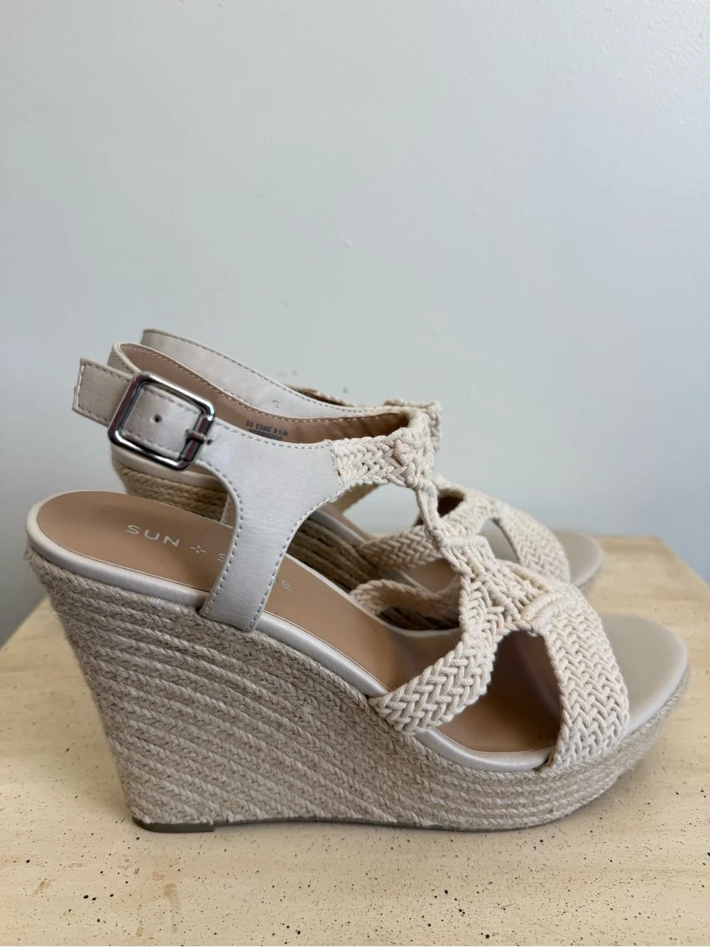NIB Sun + Stone Ivory Cream Natural Braided Espadrille Wedge Sandals 9.5 M